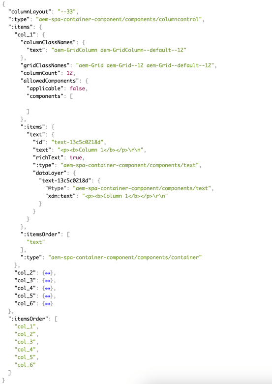 AEM Column Control JSON